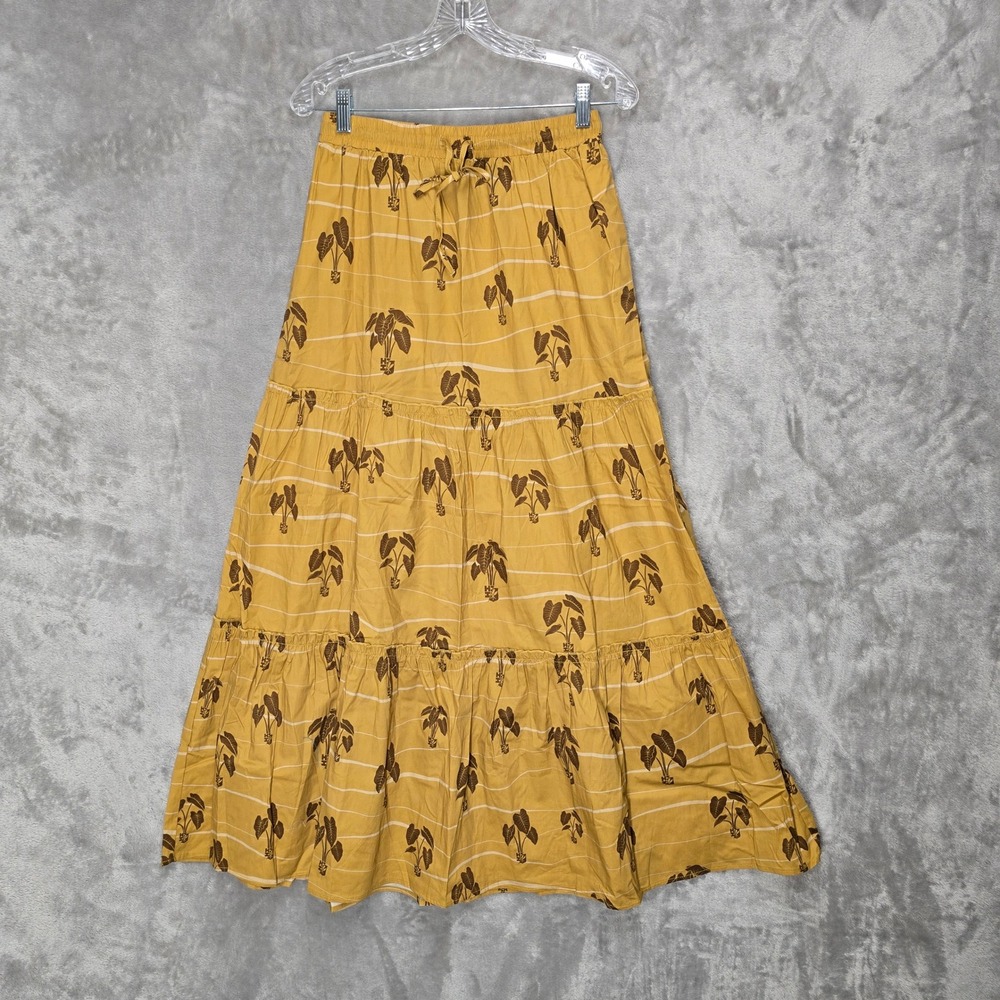 Hawaii's Finest Maxi Taro Skirt Women M Yellow Tiered Aloha Boho Tropical Flowy